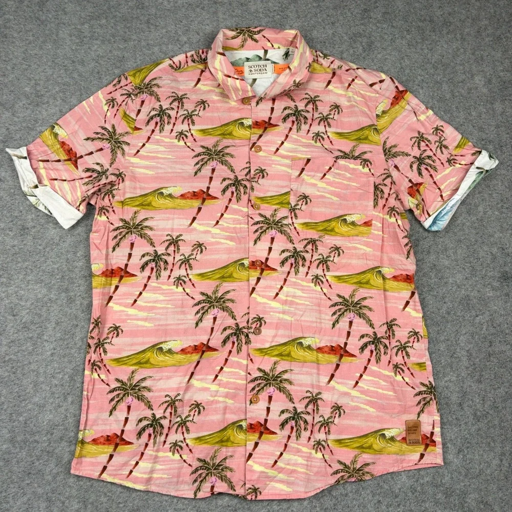Scotch & Soda Button Up Shirt Mens XL Pink Palm Tree Tropical Wave Surf Print